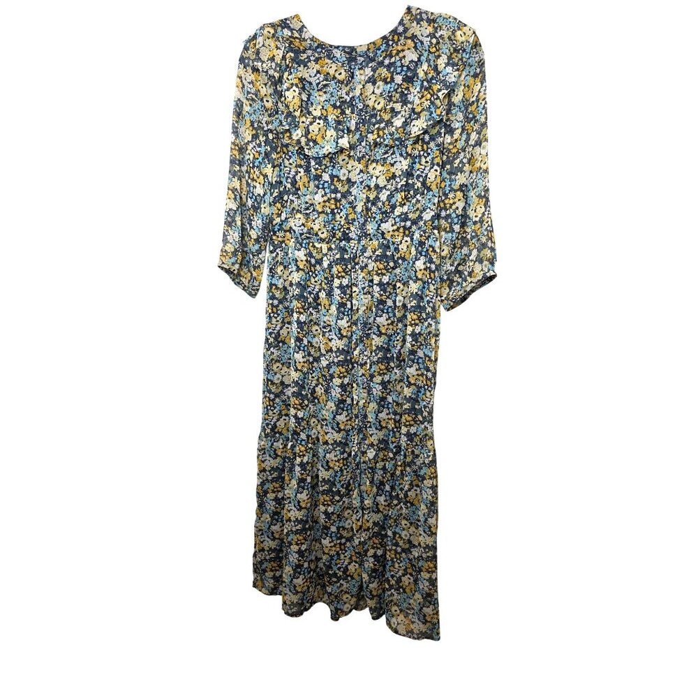 Loft Floral Riffler Button-Up Midi Dress‎ 3/4 Sleeves Navy Yellow Blue Size M